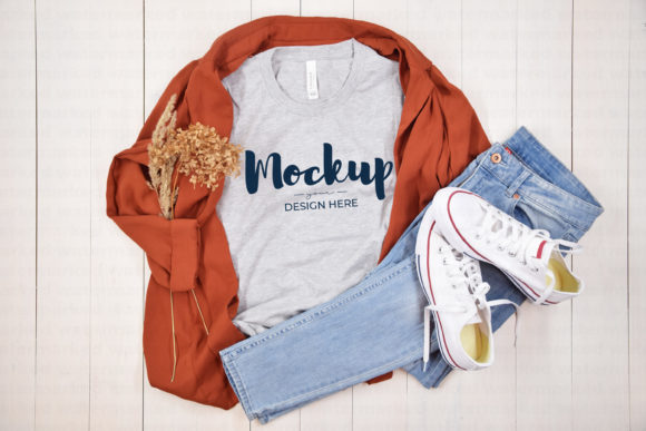 Gray T-Shirt Mockup with Orange Jacket